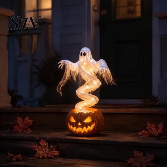 Decorative Lighted Autumn Sculptures Halloween Swirling Ghost Pumpkin Yard Lamp, Spooky Outdoor Holiday Lawn Accents Statue, Warm LED Decoration