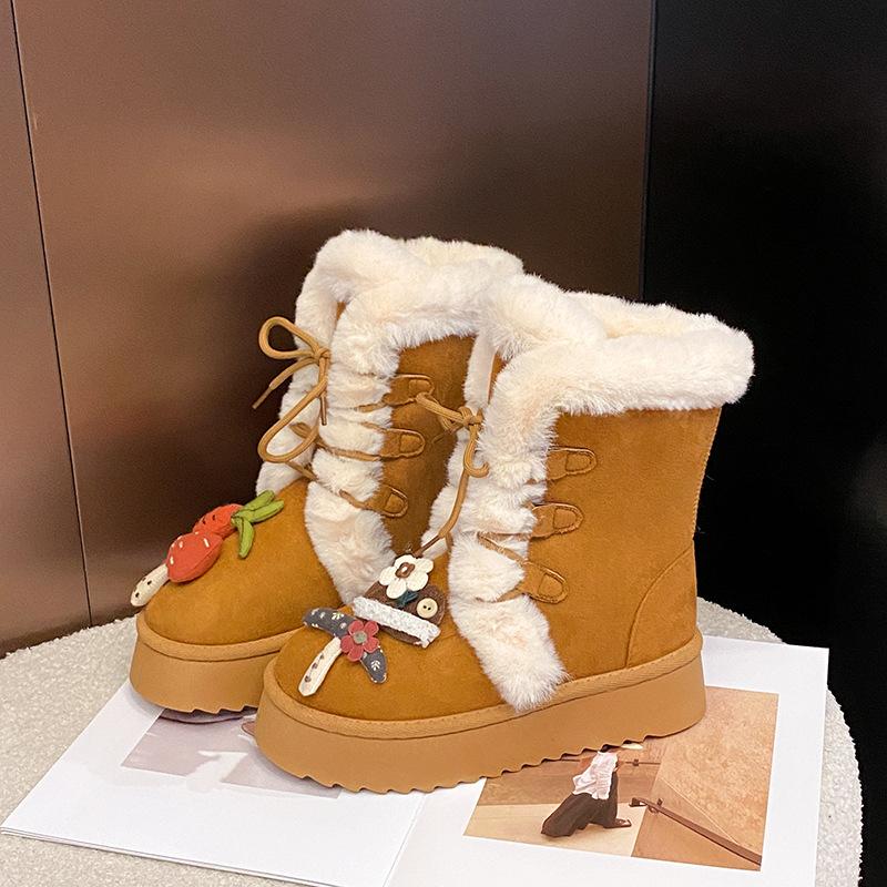 Women's Lace-up Large Size Thick Sole Winter Warm Fur Snow Boots Padded Lined Ankle Boots Anti-slip Hiking Sports Cotton Boots