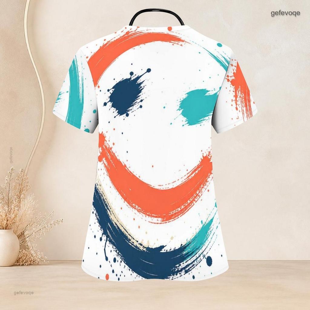 Women Plus Size Printed V Neck Short Sleeve Nurse Scrub Top With Front Pockets