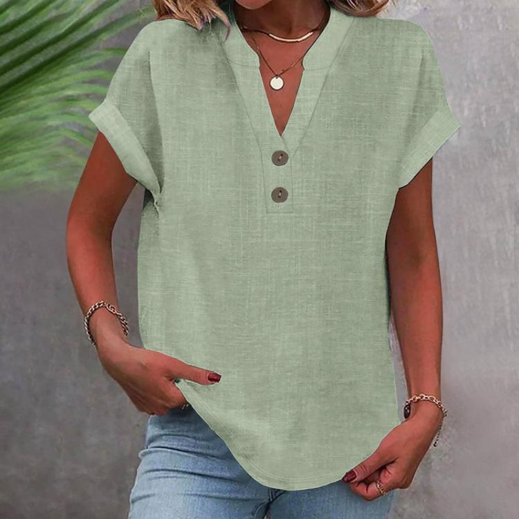 Women Casual V Neck Short Sleeve Button Down Shirt Solid Color T Shirt Top Fashion