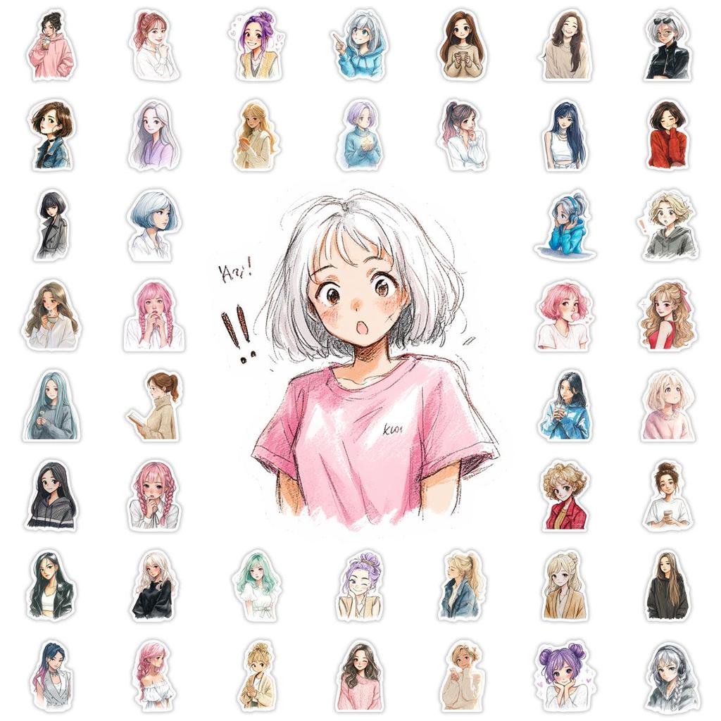 55 Sheets of Hand-Painted Anime Style Stickers for Girls' Journals and Notebooks