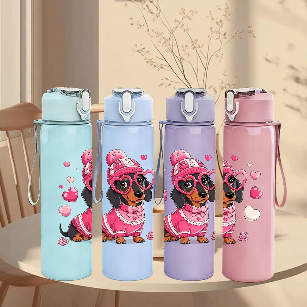 1PC Dachshund Dog With Pink Bow Print 750ml Color Plastic Sports Water Bottle Leakproof Flip Straw Lid Suitable for Sports Office Home Use