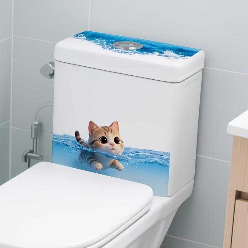 Cute Swimming Cat Toilet Sticker Waterproof Self-Adhesive Non-Toxic Vinyl Decal Safe for Kids Bathroom Wall Decor