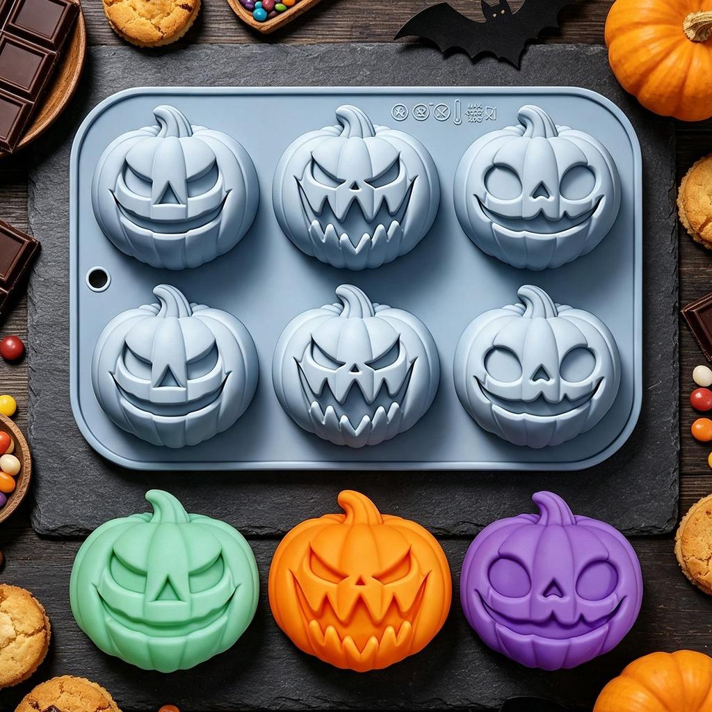 6-Cavity Silicone Pumpkin Mold, Non-Stick Baking Mold for Halloween Thanksgiving, Reusable Candy Chocolate Cake Soap Mold