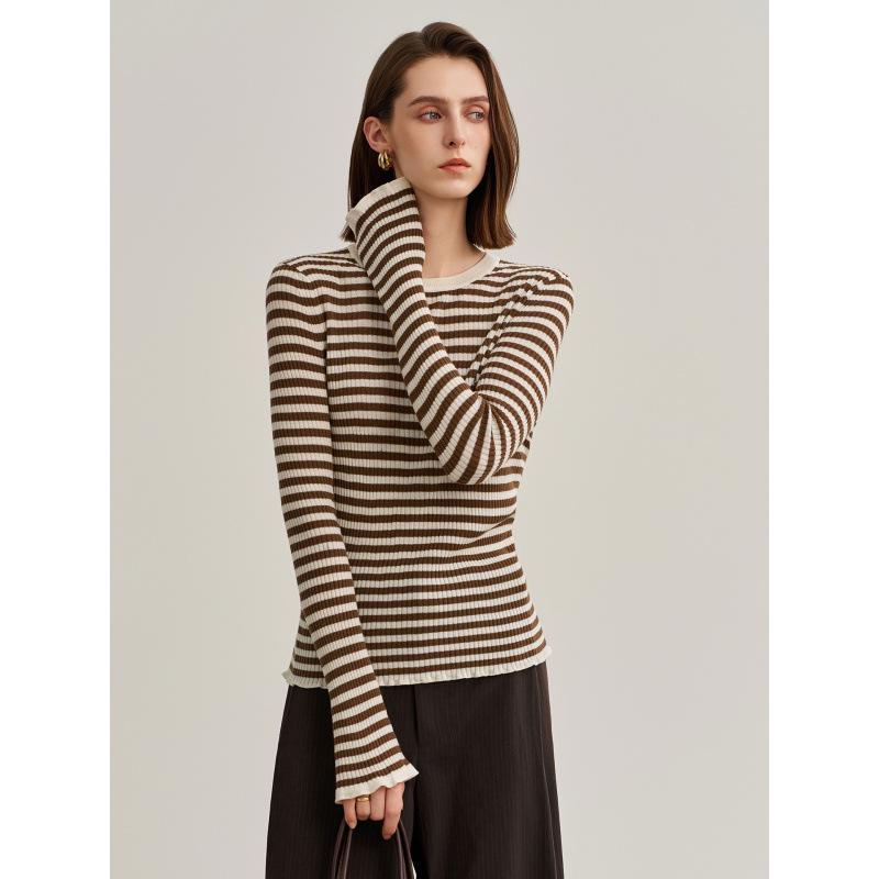 Women's Slim Fit Striped Wool Sweater: Color-Blocked, Sun Protection, Long Sleeve, Knitted Pullover.