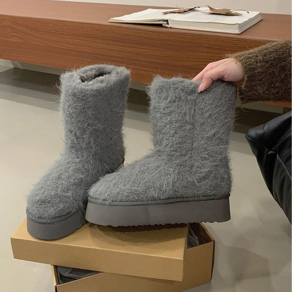 2025 Autumn and Winter New Round-headed Mink Hairy Medium Tube Warm Velvet Snow Boots Fashionable Platform Short Boots