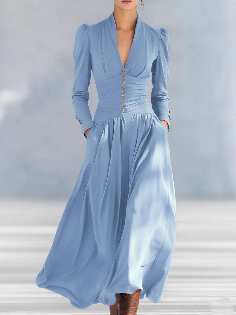 Elegant Empire Waist Dress V-Neck Bubble Sleeve Long Sleeve Maxi Dress for Women