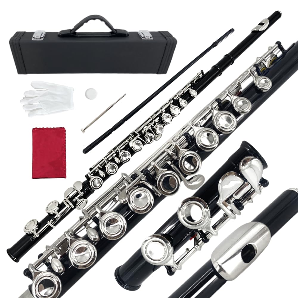 WUQIMUSC 16-Key Closed-Hole C Flute Beginner Student-Friendly Easy to Play Durable Design Carrying Case Cleaning Kit Gloves Included Black