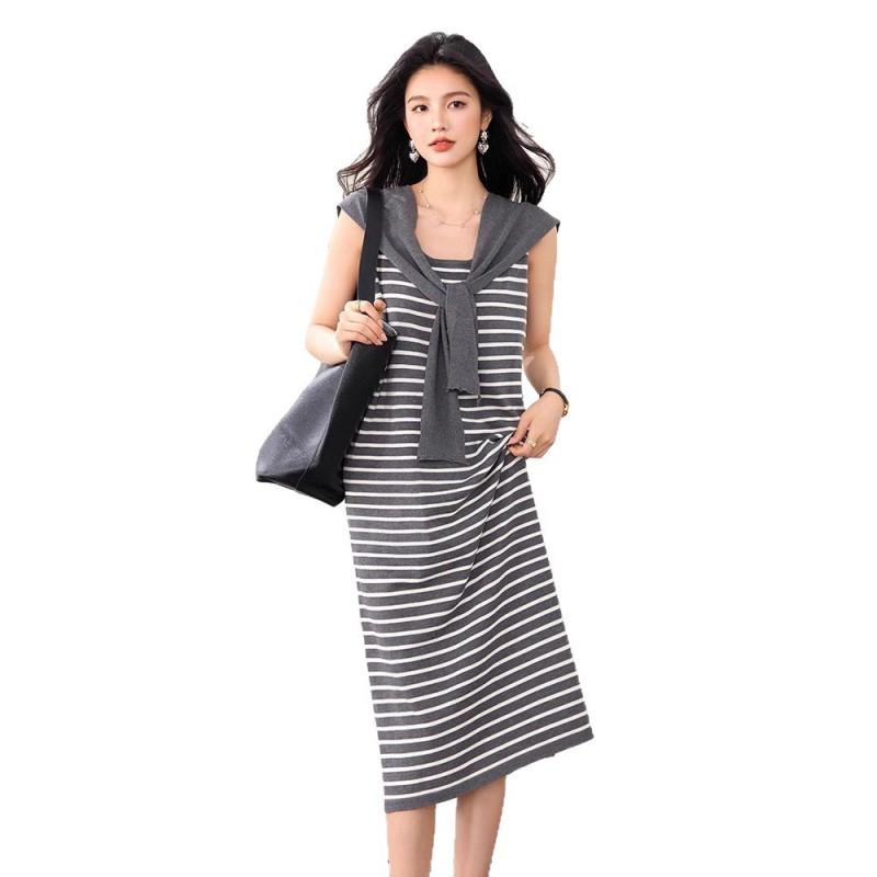 Womens Retro Striped Sleeveless Knit Midi Dress High Waist Straight Fit Elegant Office Wear