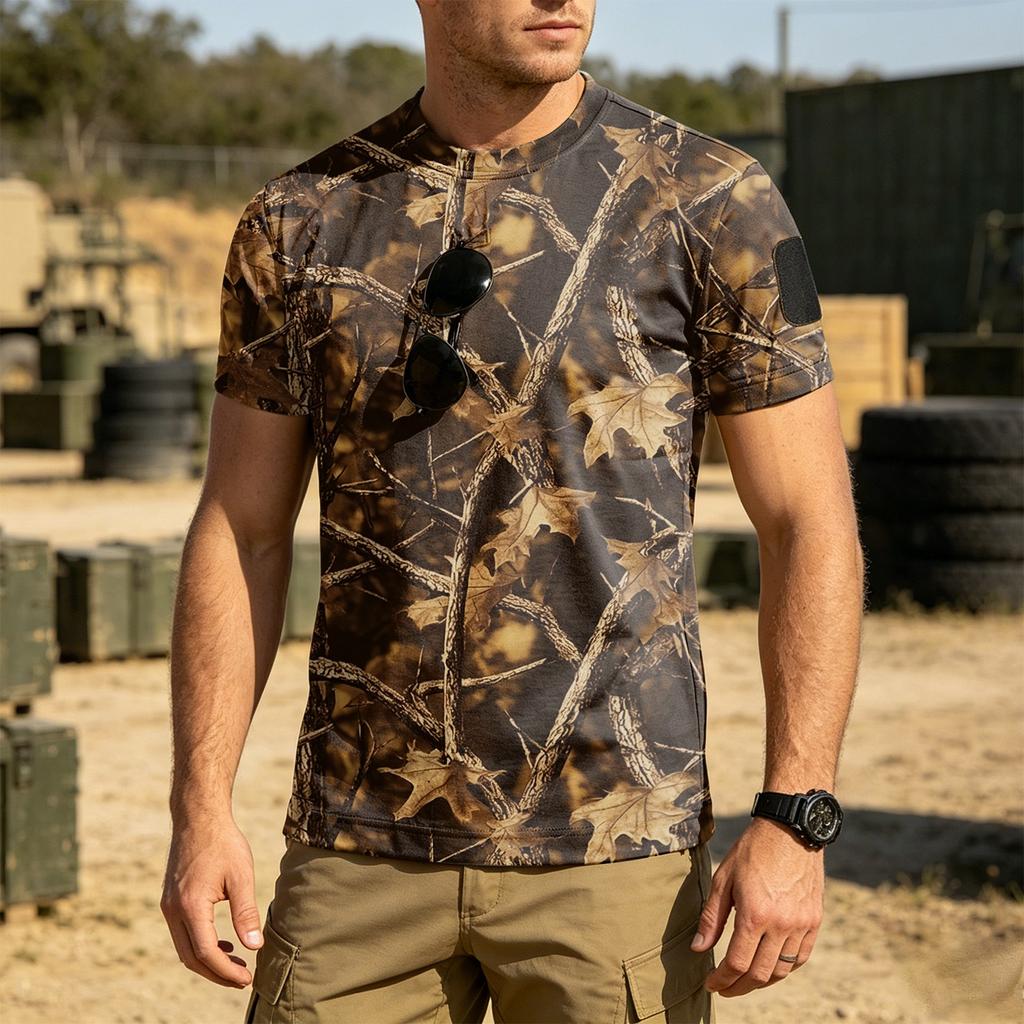 Men's Tactical Short Sleeve T Shirt Loose Fit Breathable Quick Dry Outdoor Sports Tee with Hook and Loop Patch Area