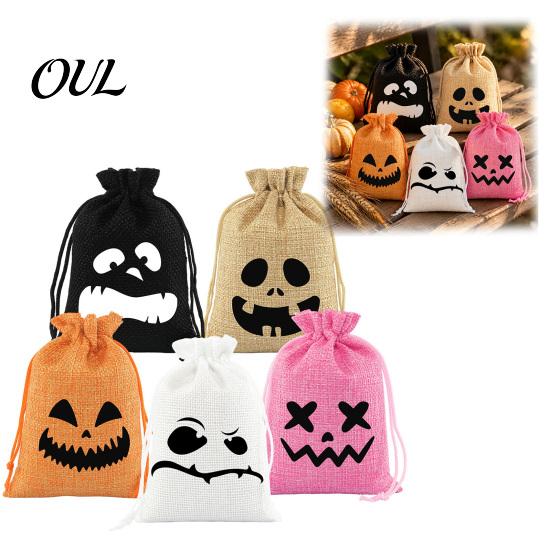 Reusable Halloween Decor 5Pcs Candy Bags with Drawstring, Funny Ghost Pumpkin Print Gift Pouches for Party Favors And Trick or Treat Sacks, Decorative