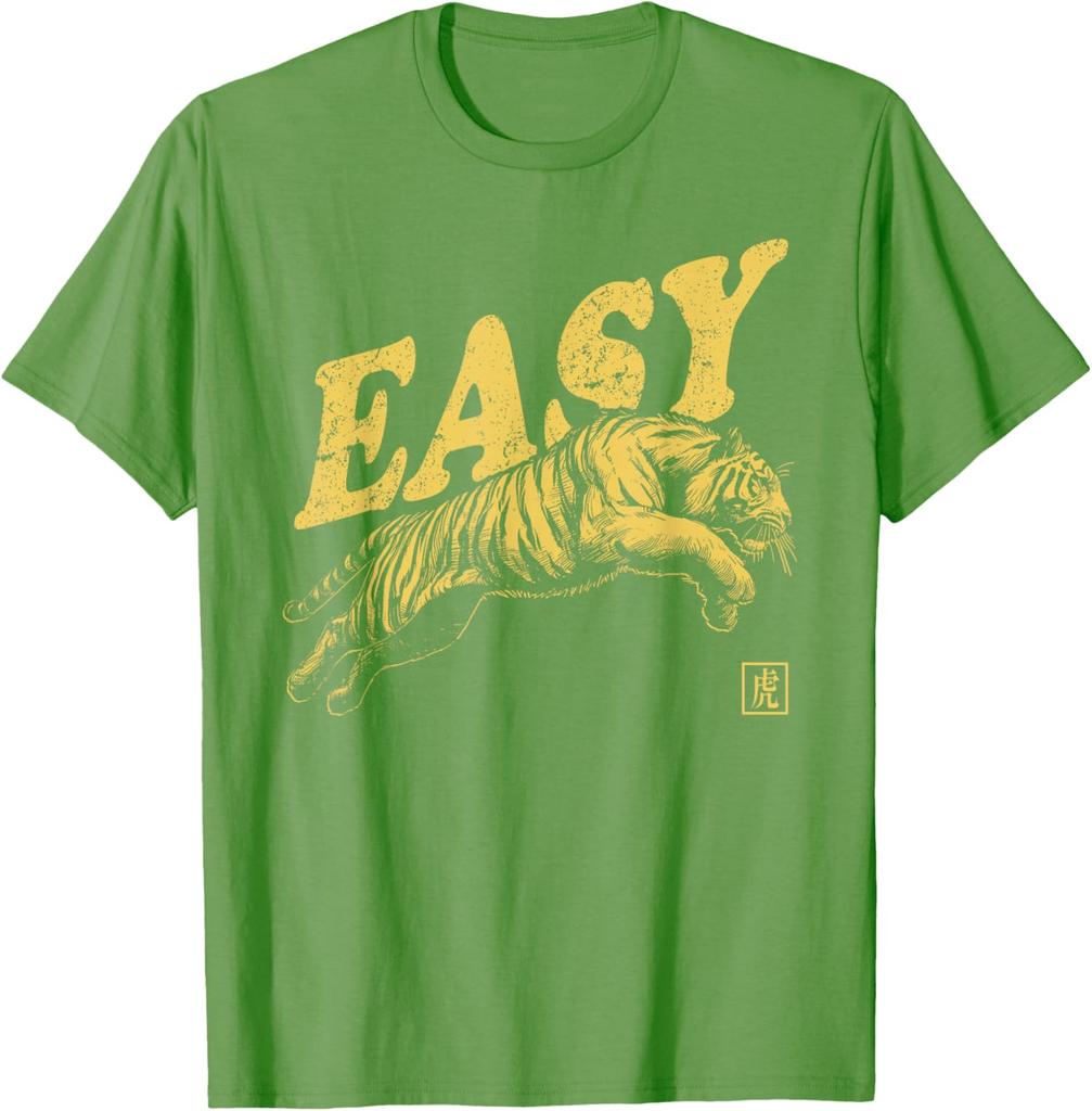 Easy Tiger Graphic Print Men Casual Cotton TShirt Retro Distressed Style Tee