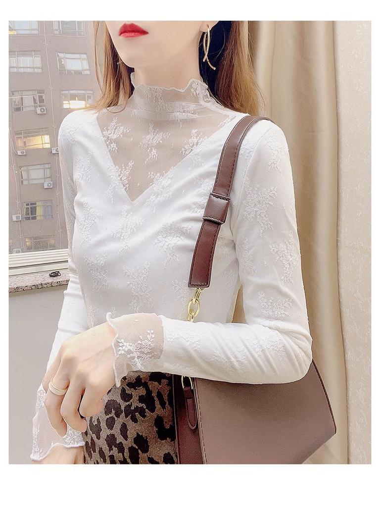 Women's High-End Lace Base Layer Top, Autumn/Winter, Velvet Warmth, Mesh Jacquard Collar, Slightly Sheer, Stylish Design