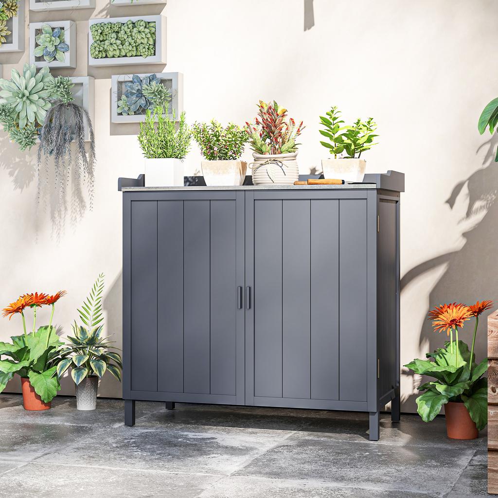 Freestanding Garden Storage Cabinet, 2-in-1 Double-Door Potting Table, Galvanized Top, Grey