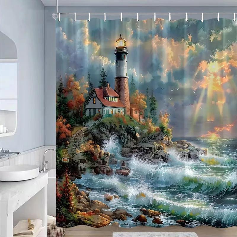 Sea Waves Sailboat Shower Curtains Night Lightning Ocean Nature Landscape Bathroom Curtain Decorative Polyester Cloth with Hooks