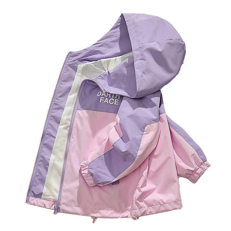 Girls' Spring and Autumn Color Block Windbreaker: Children's Fashionable Hooded Jacket