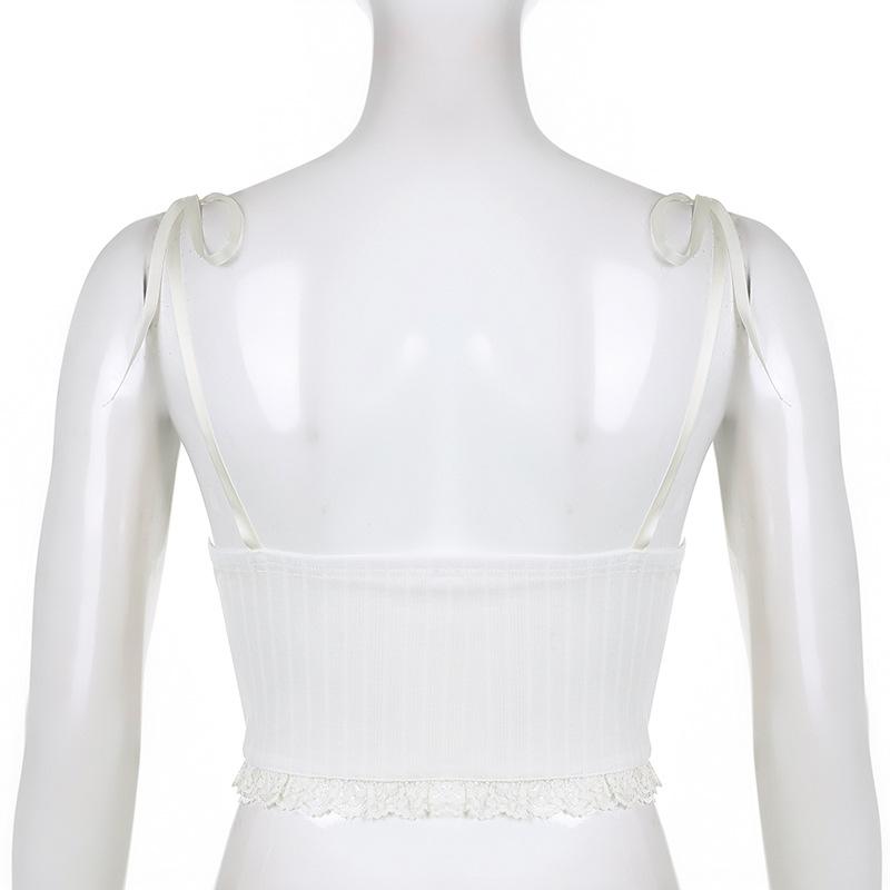 Women Simple Lace Flower Pit Strip Drawstring V-neck Suspender Vest Short Top