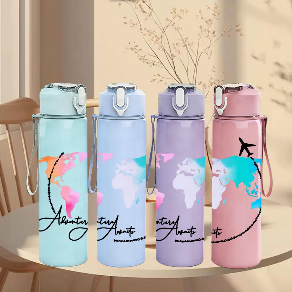 1PC Travel Plane World Globe Art 750ml Color Plastic Sports Water Bottle Leakproof Flip Straw Lid Suitable for Sports Office Home Use