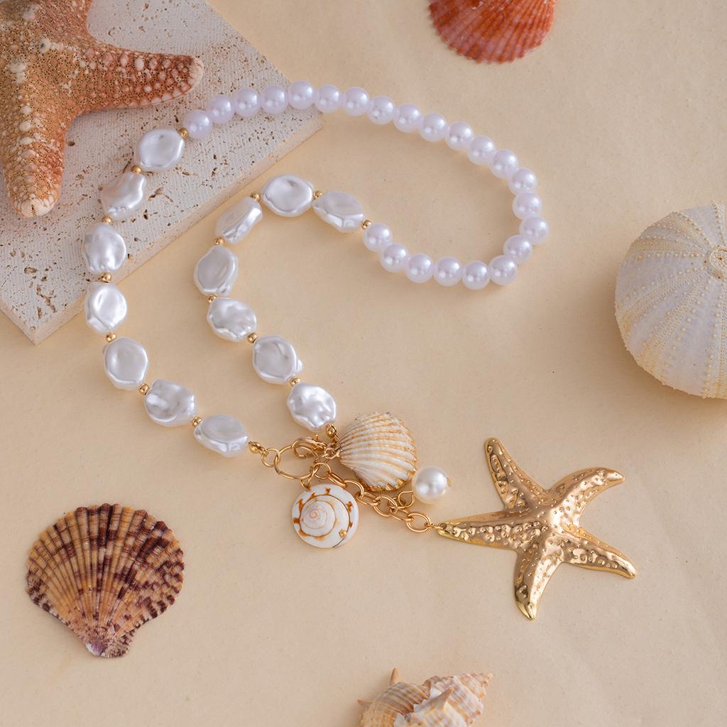 Bohemian Seaside Vacation Wind Pearl Shell Conch Starfish Necklace Female Niche Design Sense Collarbone Chain