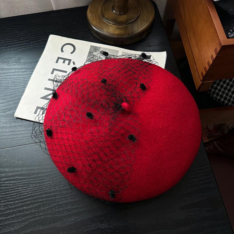 Women S French Retro Socialite Style Mesh Wool Beret Elegant Lace Hepburn Style Autumn Winter Fashion Accessory Adult 56-58cm