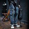 Men's Cargo Jeans Washed Denim Multi Pocket Knee Seam Loose Fit Cuffed Hem Streetwear Pants