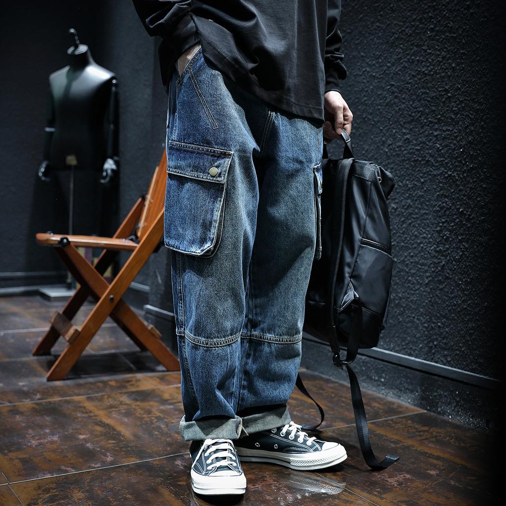 Men's Cargo Jeans Washed Denim Multi Pocket Knee Seam Loose Fit Cuffed Hem Streetwear Pants