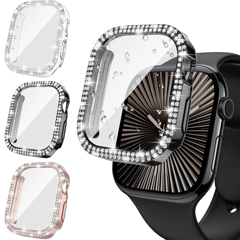 Cover For Apple watch Case 10 11 46mm 42mm 45mm 44mm 40 41mm Diamond Bumper Tempered Glass Screen Protector Series 9 7 SE 6 8 5