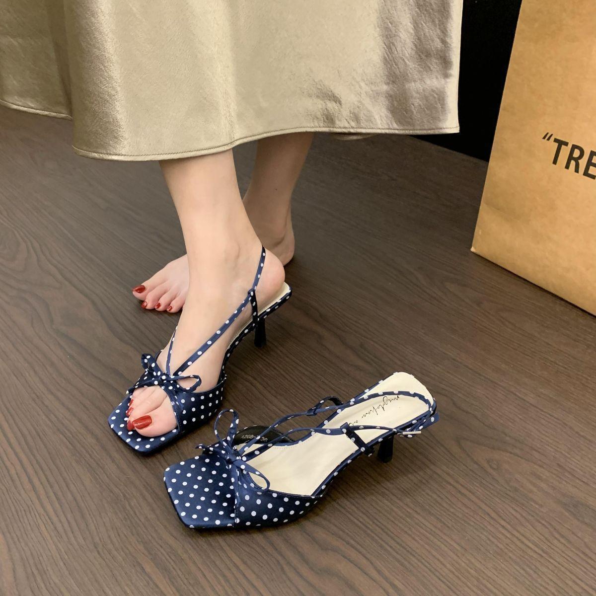 

Fairy style bow back strap high heels absolutely versatile women s head open toe polka dot floral temperament sandals 40