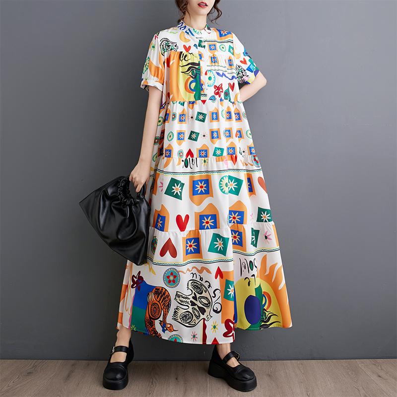 DIMANAF 2026 Estate Nuova Taglia Forte Donna Casual Stampa Scollo a O Manica Corta Bottoni Camicia Vestito Abbigliamento da Spiaggia