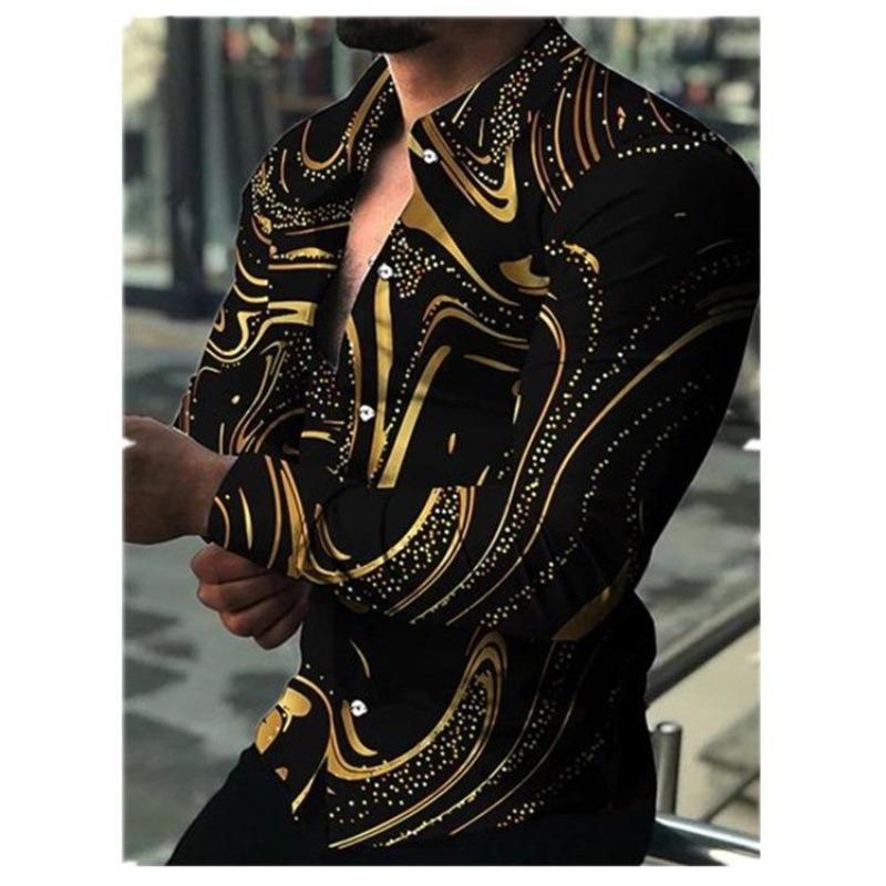 Men's Printed Long Sleeve Shirt Casual Cardigan Button High Elastic Lapel Slim Fit Spring and Autumn