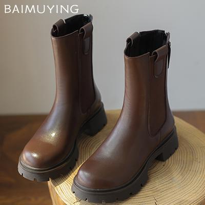 Platform Women Snow Ankle Boots Mid Heels Fashion Shoes Winter Leather Chunky Motorcycle Boots 2024 Trend Designer Botas Mujer