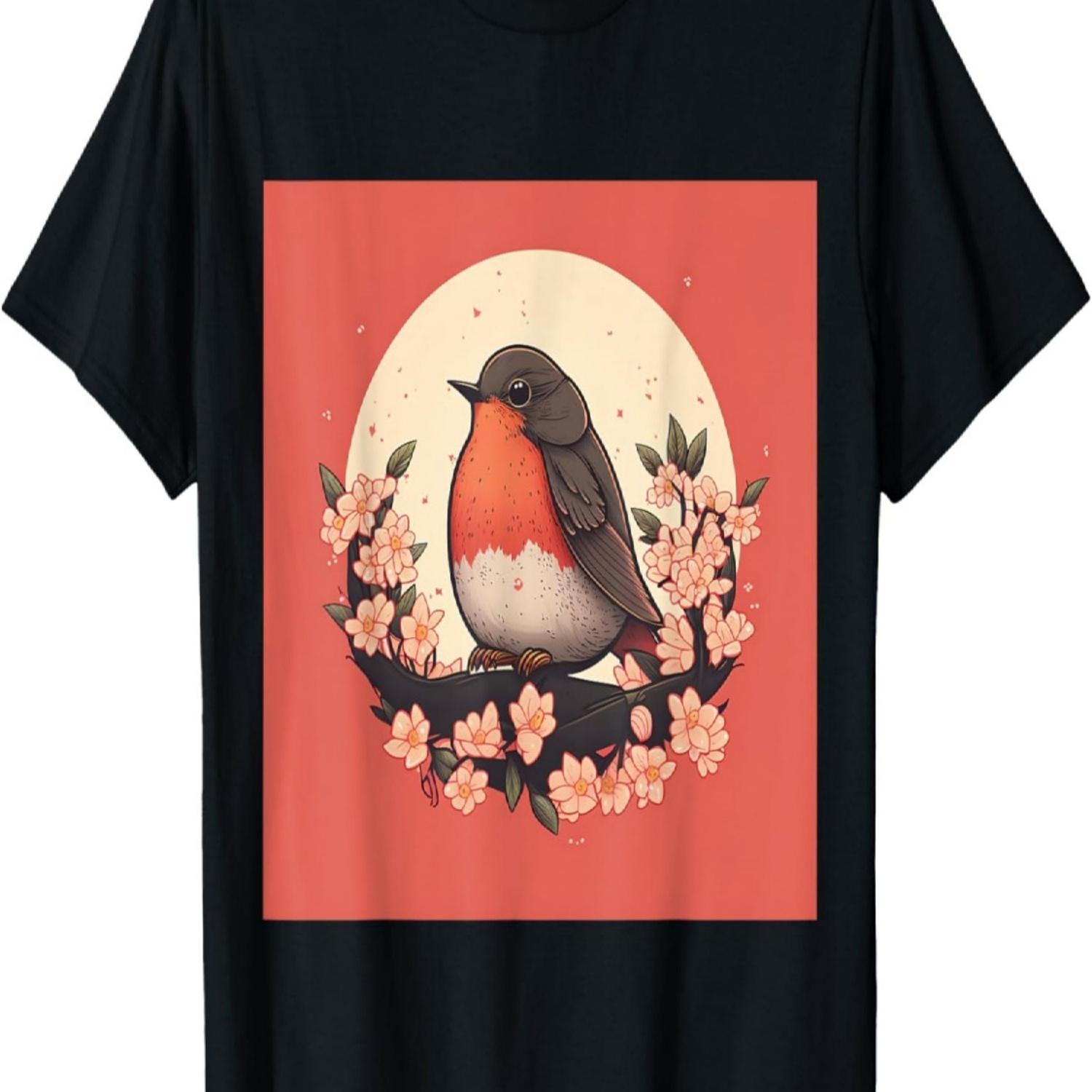 Cute Red Robin Cherry Blossom Branch Perfect for Spring T-Shirt S чёрный