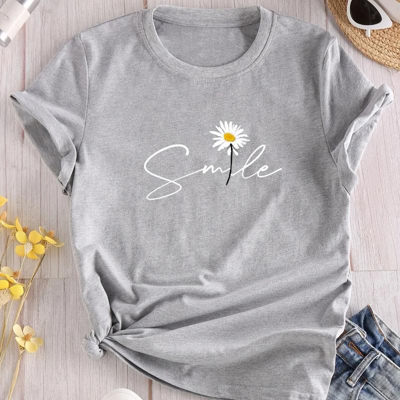 Blumen- & Buchstaben-Print Rundhals-T-Shirt Lässiges Kurzarm-T-Shirt für Sommer Damenbekleidung Bequeme Weiche Kreative Oberteile