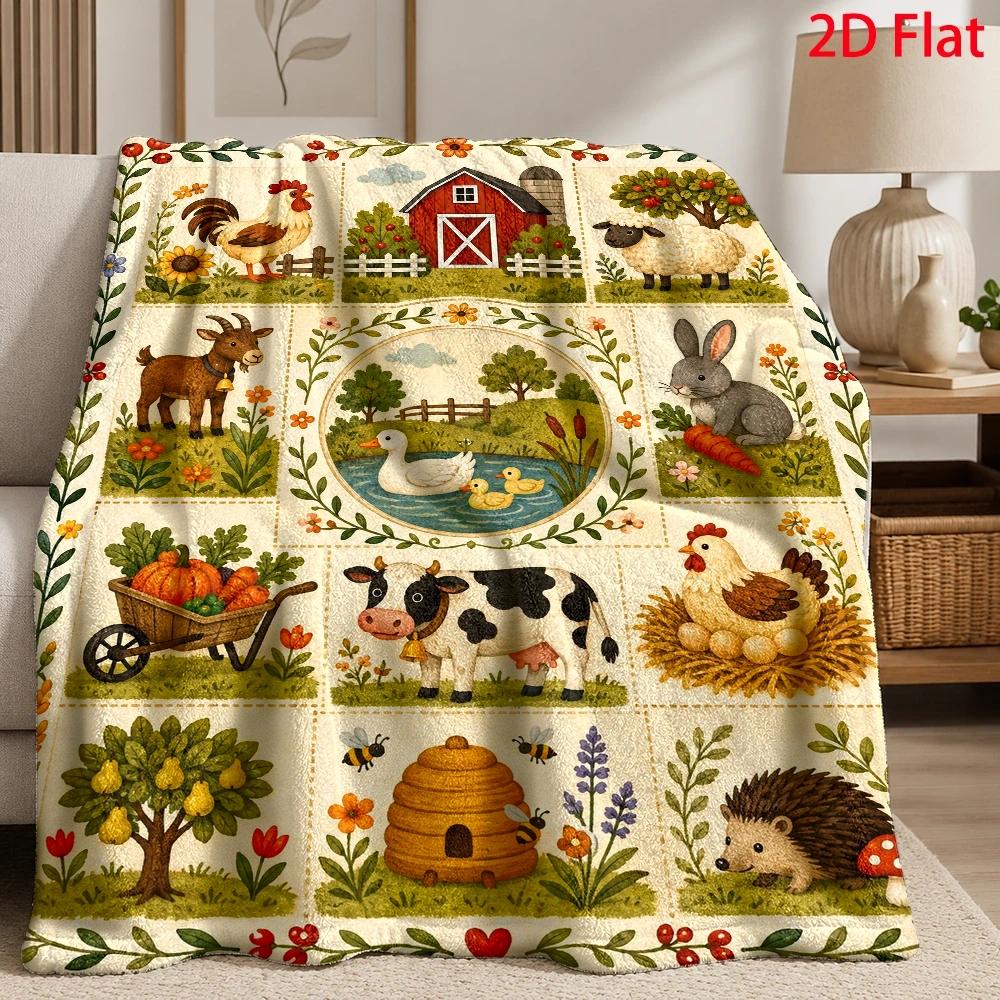 1pc, 2D Flat,, Flannel Blanket with Farm Animals And Rural Scene Pattern, Flannel Blanket with Rustic Farmhouse Art Featuring Rooster And Sheep, Throw
