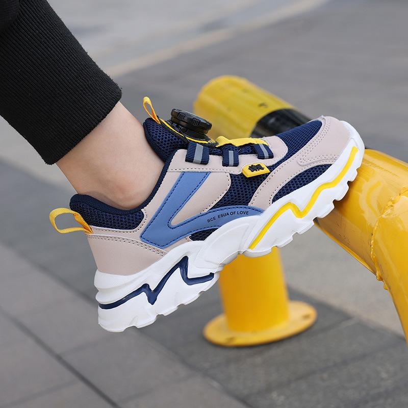 Boys' Shoes 2025 Autumn and Winter New Middle-aged and Older Children's Sports Shoes Leather Surface Casual Rotating Buckle Casual Running Shoes