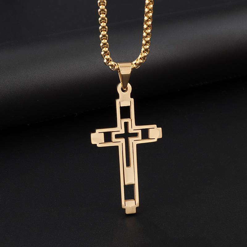 Hollow Out Double Cross Pendant Necklace For Men Trendy Titanium Steel European And American Student