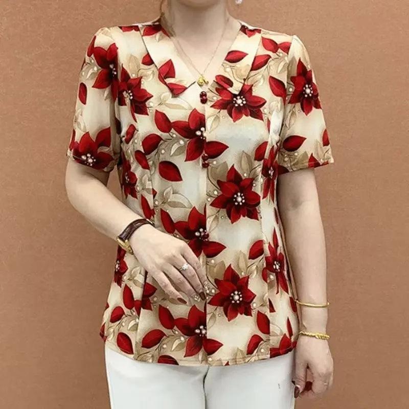 Summer Women's Blouse Lapel Neck Button Printed Ventilate All-match Elegant Loose Comfortable Three Quarter Tops