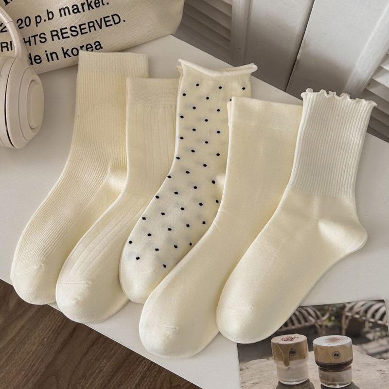 Black Fungus Polka Dot Socks, Women's Trendy Mid-calf Socks, Solid Color, Versatile, Spring and Summer Ballet Style Calf Socks