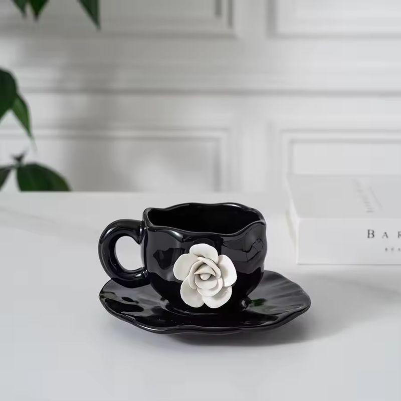 Creative French Style Camellia Coffee Cup With Saucer Handcrafted Irregular Flower Black Ceramic Mug Korean 3d White Rose Cup