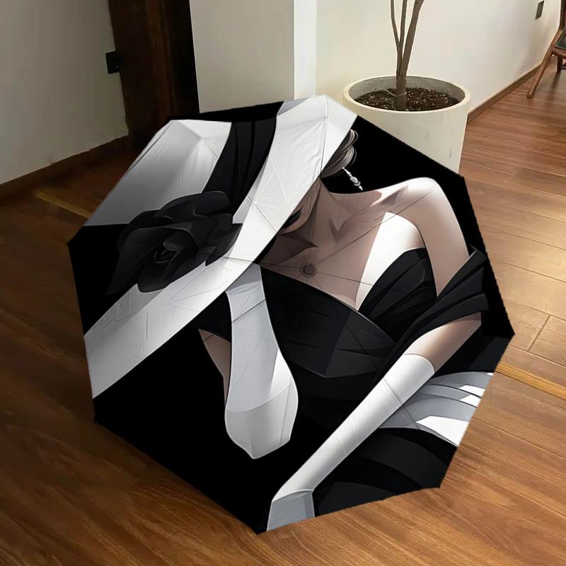 

Elegant Lady s White Hat with Black Rose - Auto Open Close Umbrella, Portable Tri-Fold Design, 8-Bone Iron Frame Outdoor Umbrella, Ideal Gif