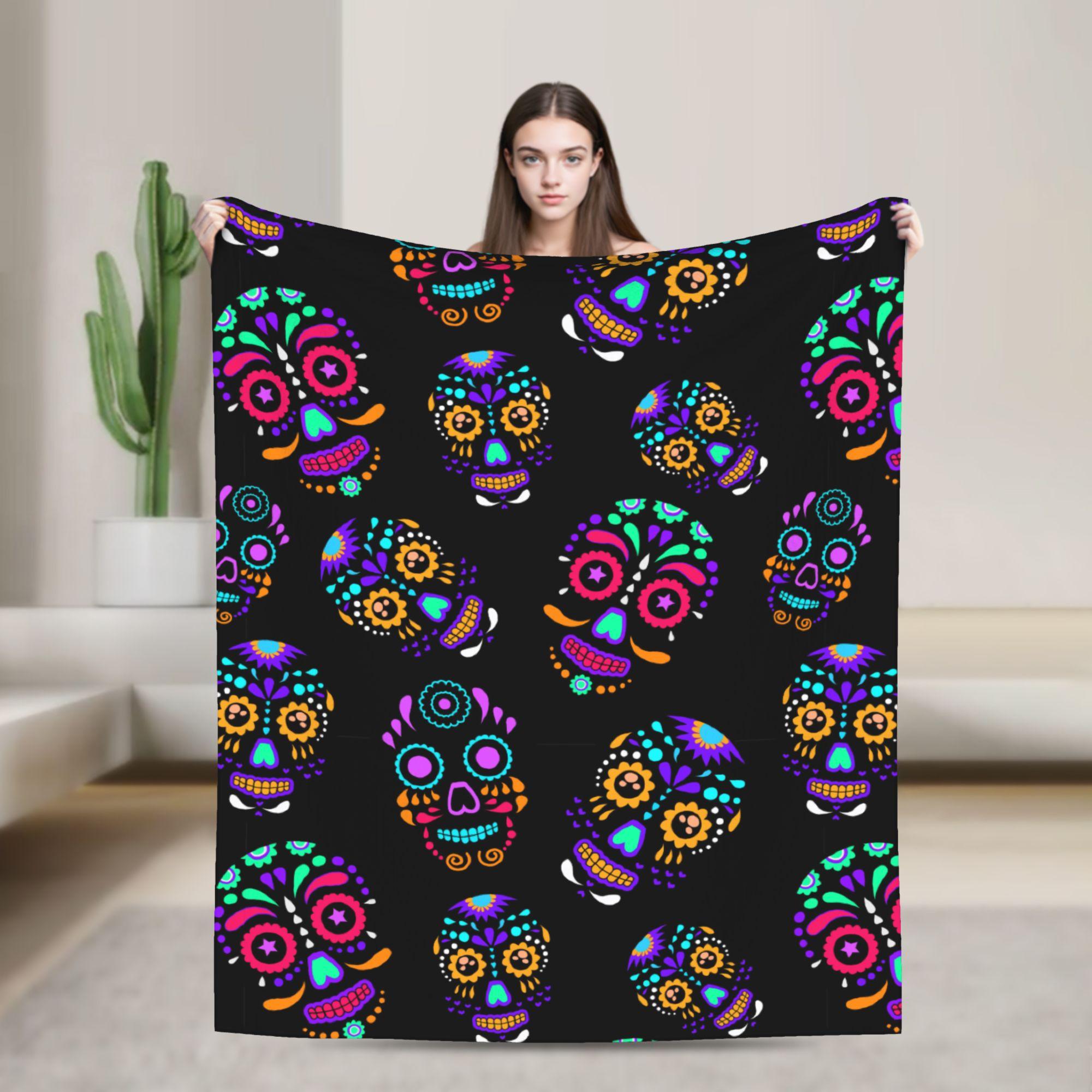 

Mexican Sugar Skull Fleece Blankets Halloween Day of the Dead Novelty Throw Blanket for Sofa Bedding Lounge 125*100cm Rug Piece 100x150cm