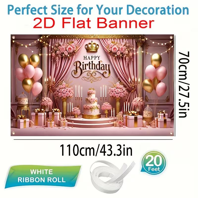 2D Flat Banner Birthday Backdrop Pink Gold Royal for Girls & Women Themed Party Photos
