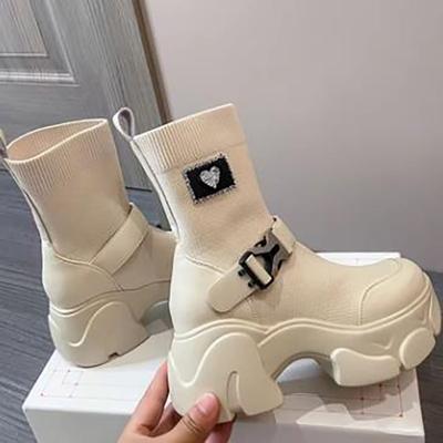 Ladies Platform Mid Boots Autumn Winter Breathable Knitted Elastic Women