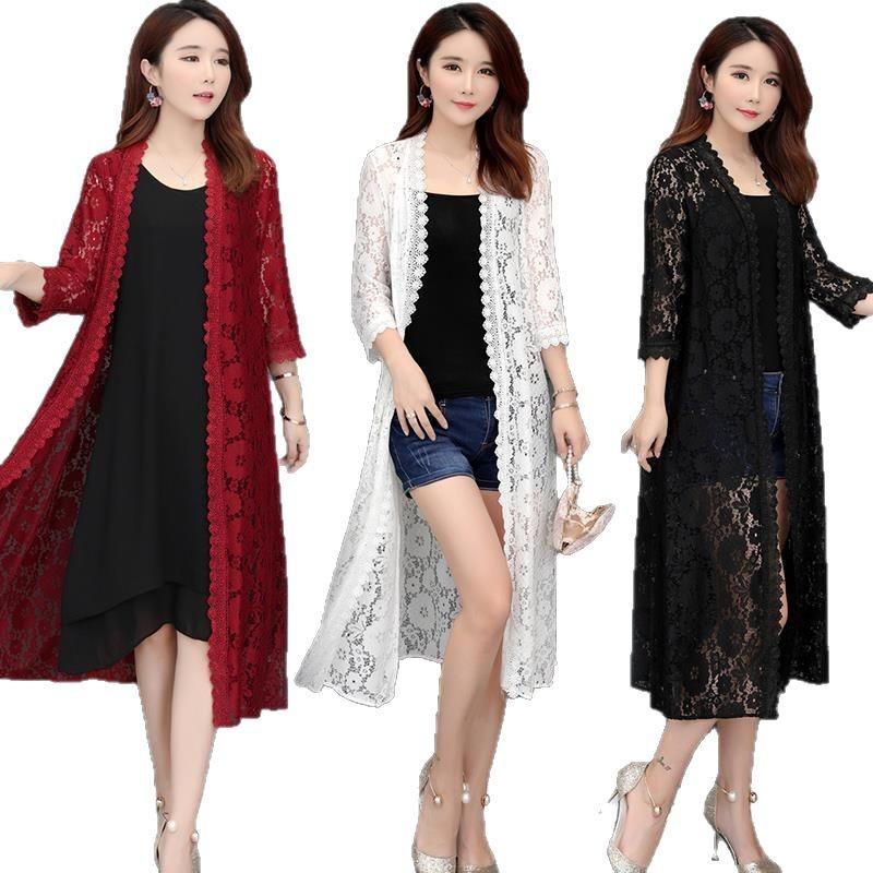 Women Lace Cardigan Mid-length Summer Mesh Shawl Loose Over-the-knee Sun Protection Clothing Women Jacket Shirt Outerwear