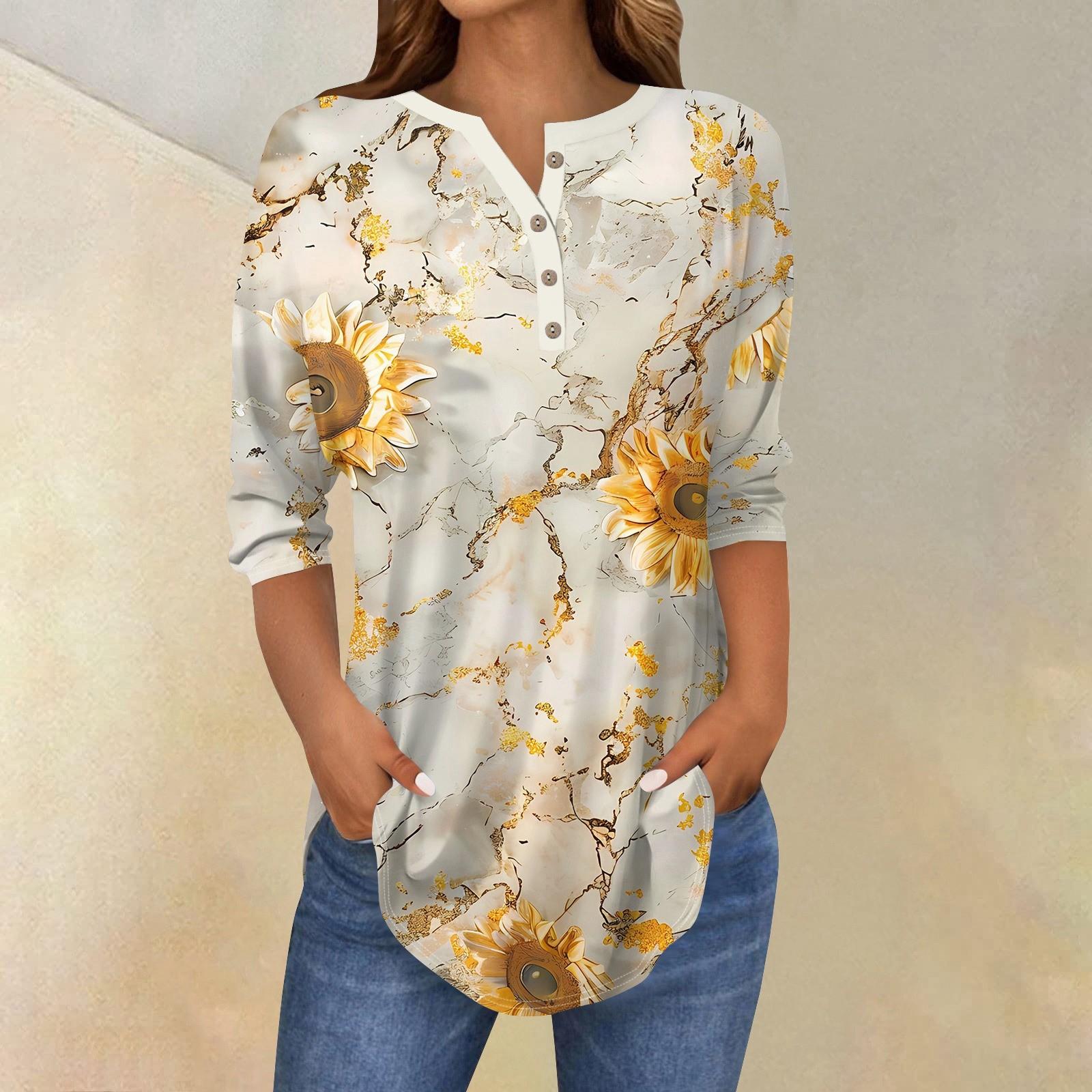 

Рубашки с рукавом 3/4 для женщин, модные, повседневные, с круглым вырезом, с принтом, футболка, топ XL жёлтый