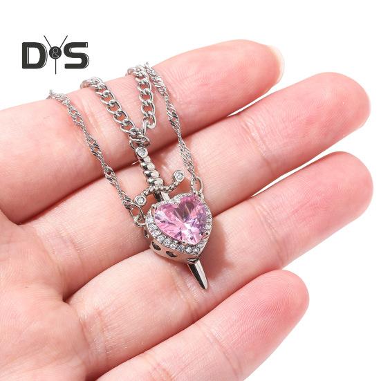 Couple Necklace Cubic Zirconia Heart Matching Necklace Romantic Through The Heart Couple Jewelry for Him Her Valentine's Day Gift