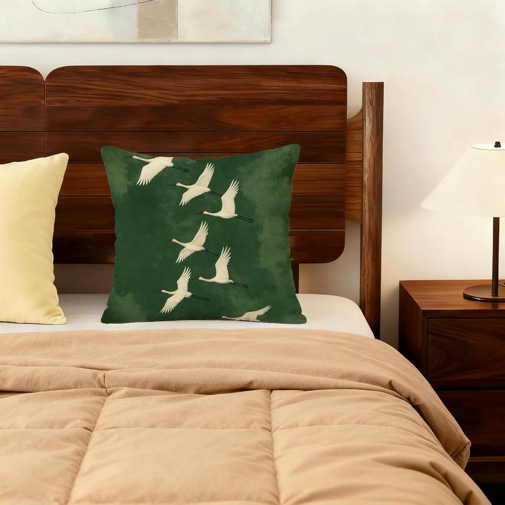 Japanese Emerald Green White Crane Bird Pillow Covers 18x18, Japandi Home Decor, Traditional Oriental Asian Minimalist Birds Pillow Cover Pillowcase