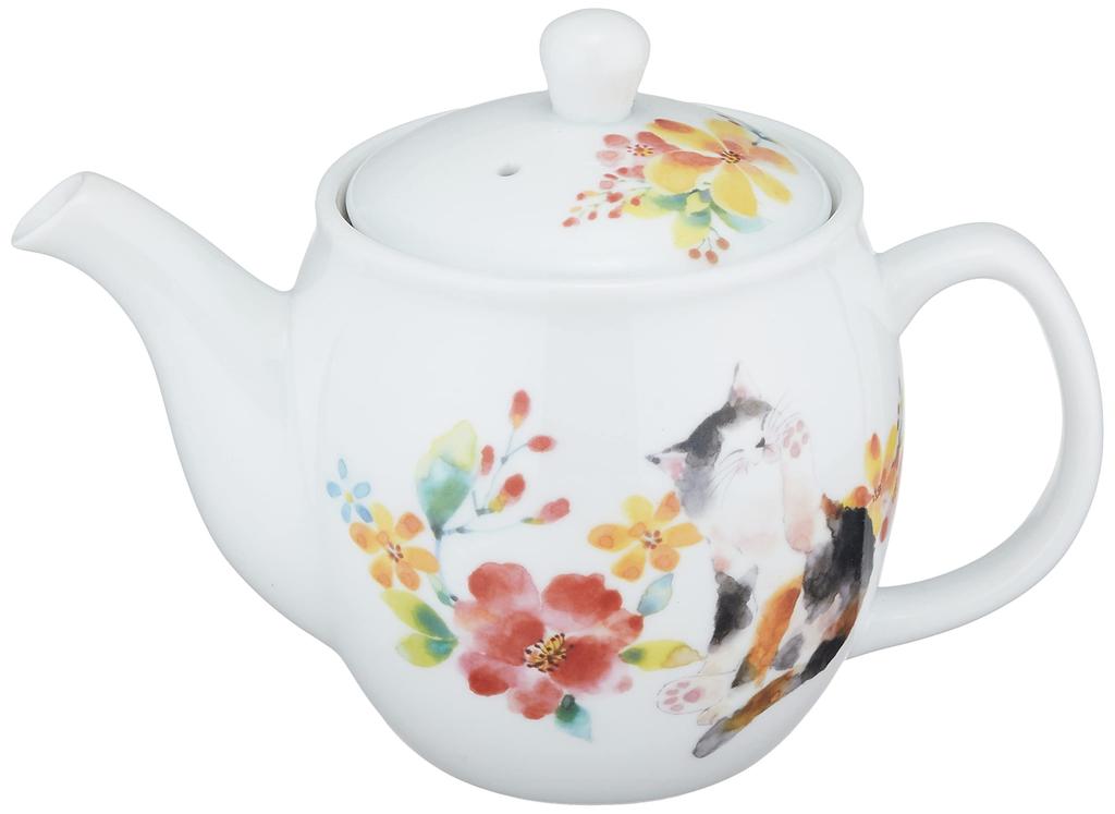 Ceramic Indigo Flower Cat Teapot, RedBlue, Size: Approx. W26.6 D14.5 H11.5 13384