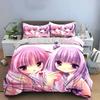 3Pcs Anime Lolita Bedding Set Two Pink-Haired Girls with Cherries Print Duvet Cover + 2 Pillowcases Kawaii Bedroom Decor