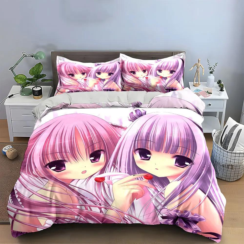 3Pcs Anime Lolita Bedding Set Two Pink-Haired Girls with Cherries Print Duvet Cover + 2 Pillowcases Kawaii Bedroom Decor